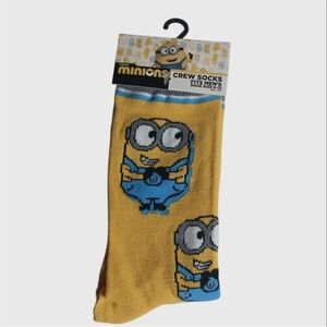 Yellow and Blue Casual Crew Socks with Cartoon Design
